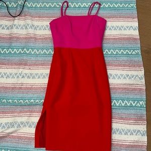 Milly red and pink colour block sleeveless midi dress with side slit